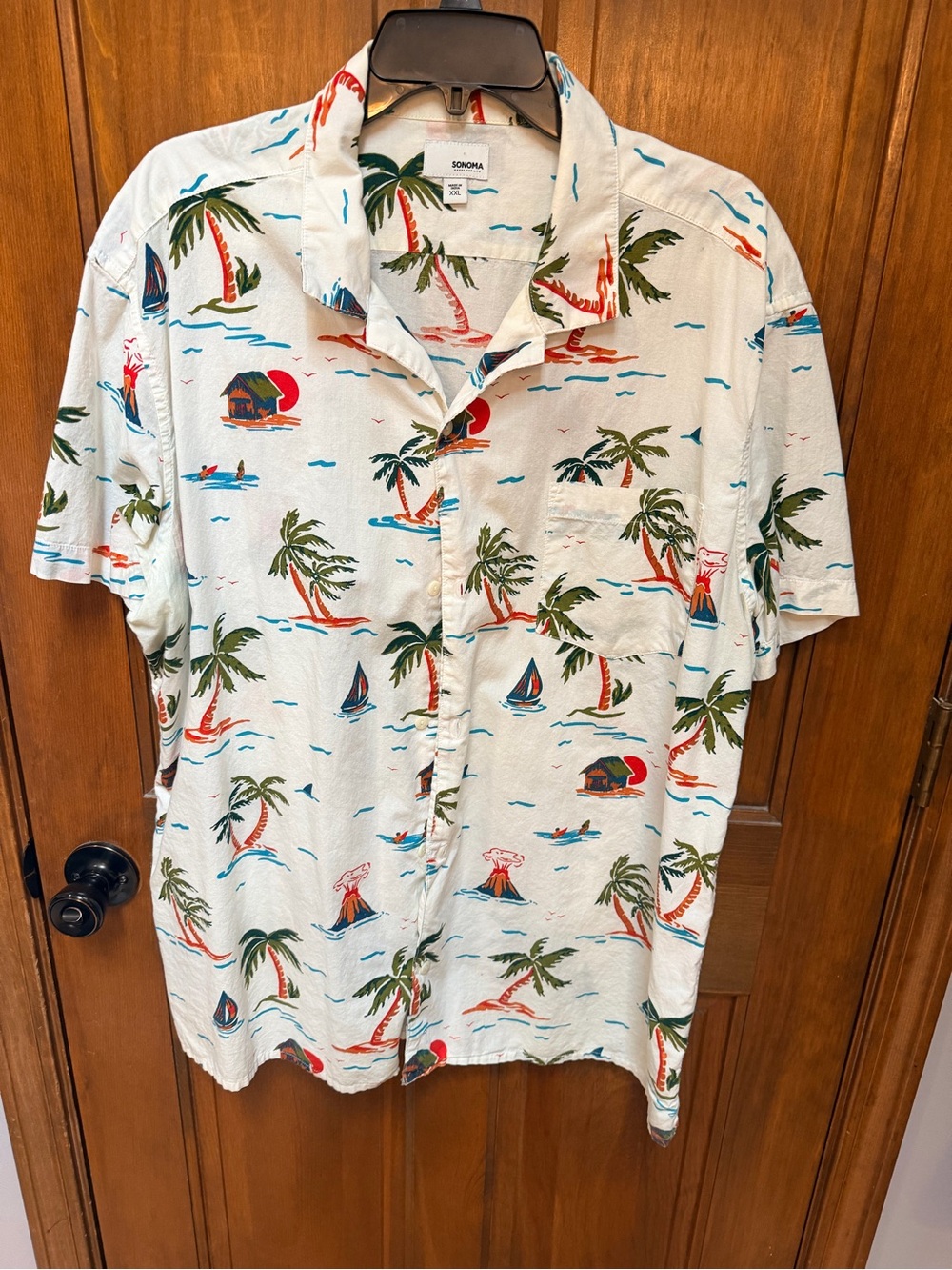 Sonoma Cream Tropical Palm Print Short-Sleeve Button Down Shirt